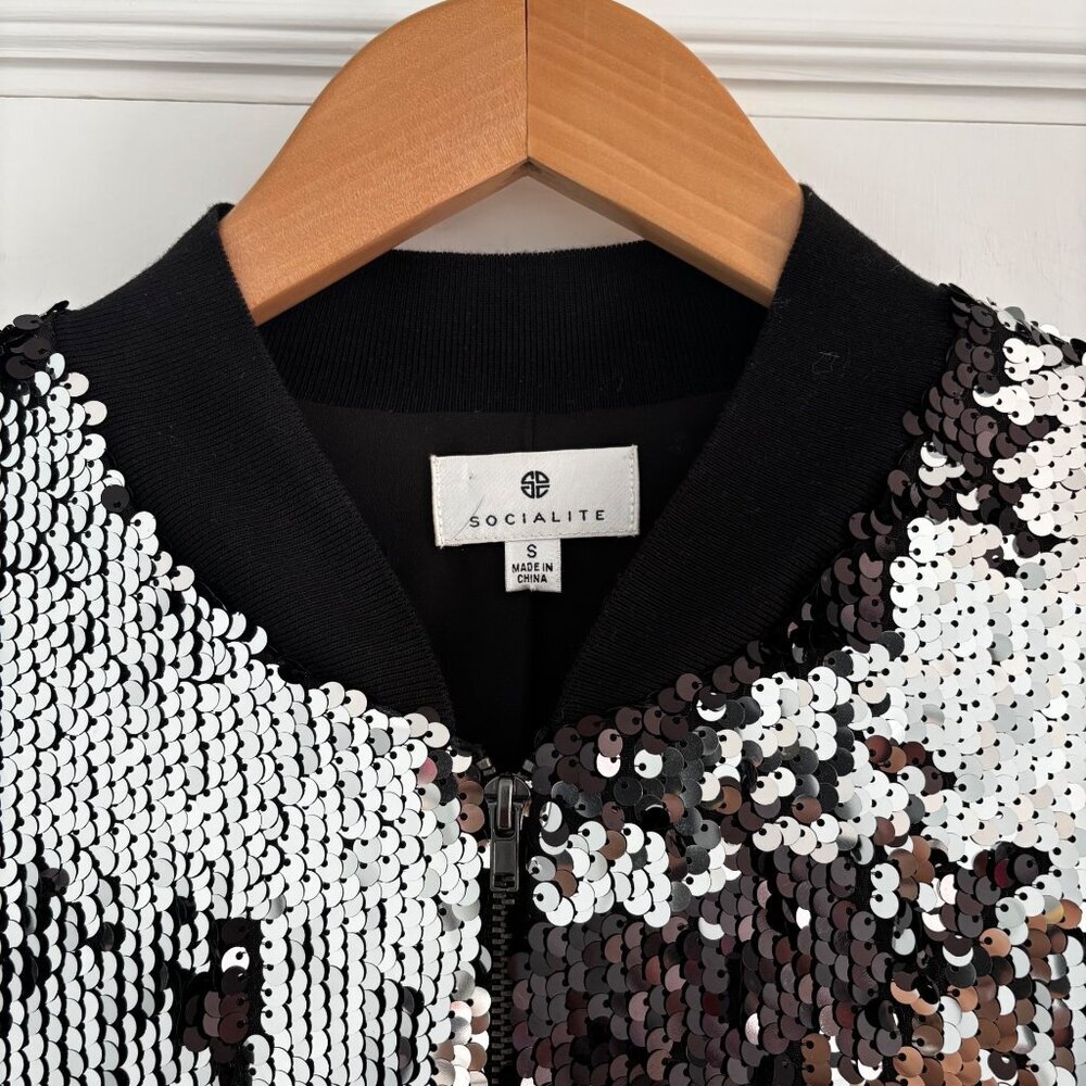 Women's Socialite‎ Sequin Bomber Jacket, Size Small Black Silver Glitter Excel - Picture 5 of 8